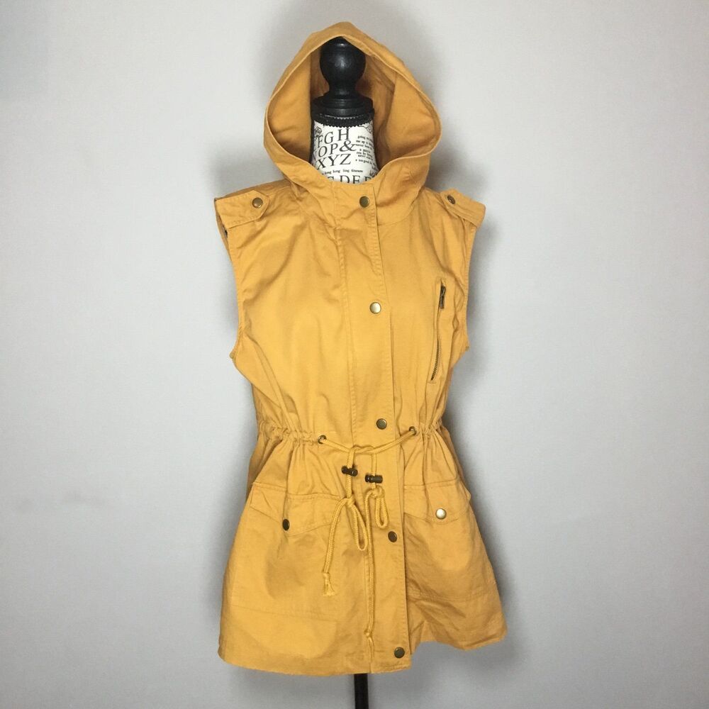 Mustard hooded utility vest drawstring waist 100% cotton hiking outdoors L